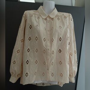 Maje Beige Lace Button-Up Blouse
